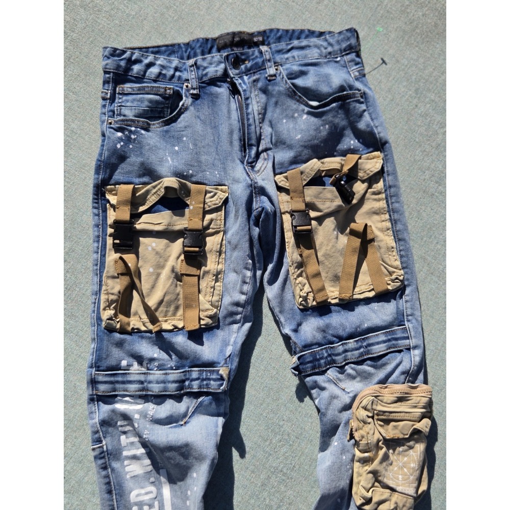 Decibel Jeans Mens 32 32 Distressed Denim Slim Cargo Streetwear Cyber Punk Rave - Picture 2 of 8